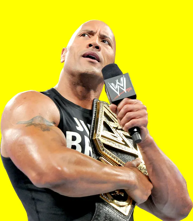 Iconic WWE superstar Dwayne Johnson, microphone in hand, engaging the audience with his commanding presence.