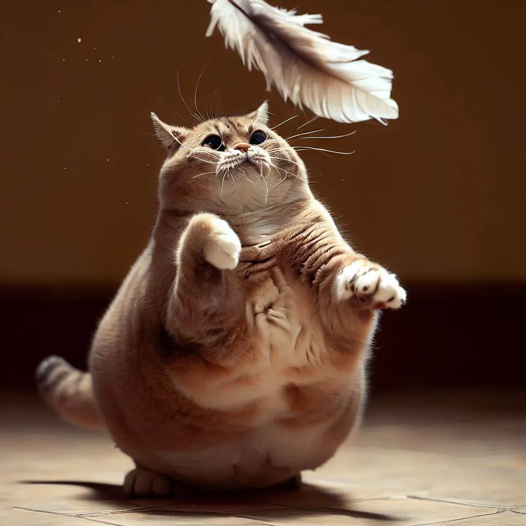 A pudgy cat attempting to catch a feather toy, its chubby body wobbling with each swat as it hilariously misses the target.