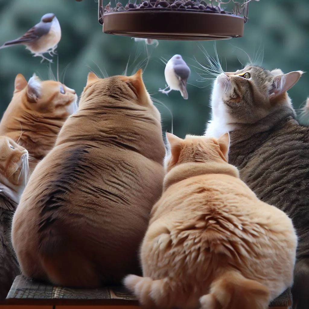 A group of plump cats gathered around a bird feeder, their round bodies barely fitting on the perch as they eye the birds overhead.