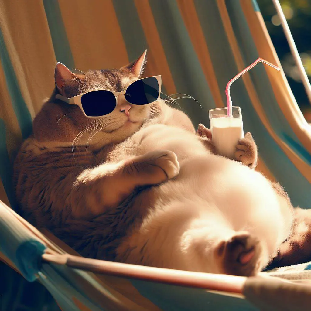 A fat cat sprawled lazily on a hammock, wearing sunglasses and sipping on a glass of milkshake with a little straw.