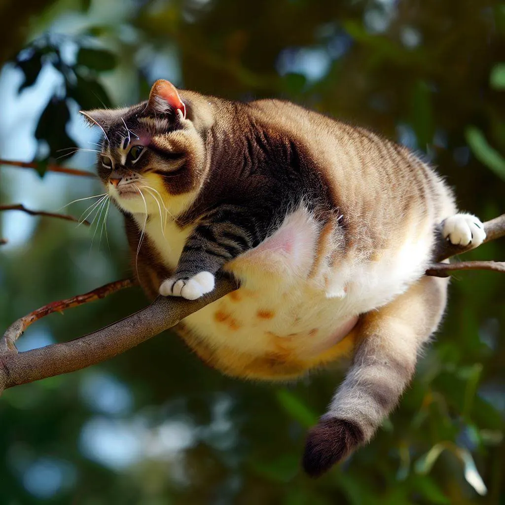 A portly cat perched on a high branch of a tree, delicately balancing while its plump belly sticks out on either side.