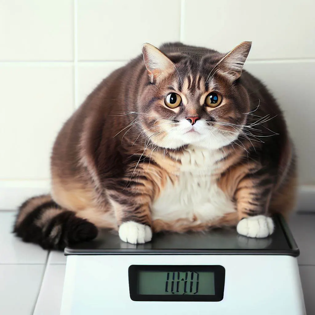 A fat cat sitting on a bathroom scale, its expression a mix of surprise and disbelief at the number displayed.