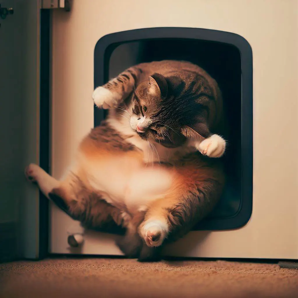 A chubby cat struggling to fit through a cat door, with its plump belly getting stuck halfway while its legs dangle in the air.