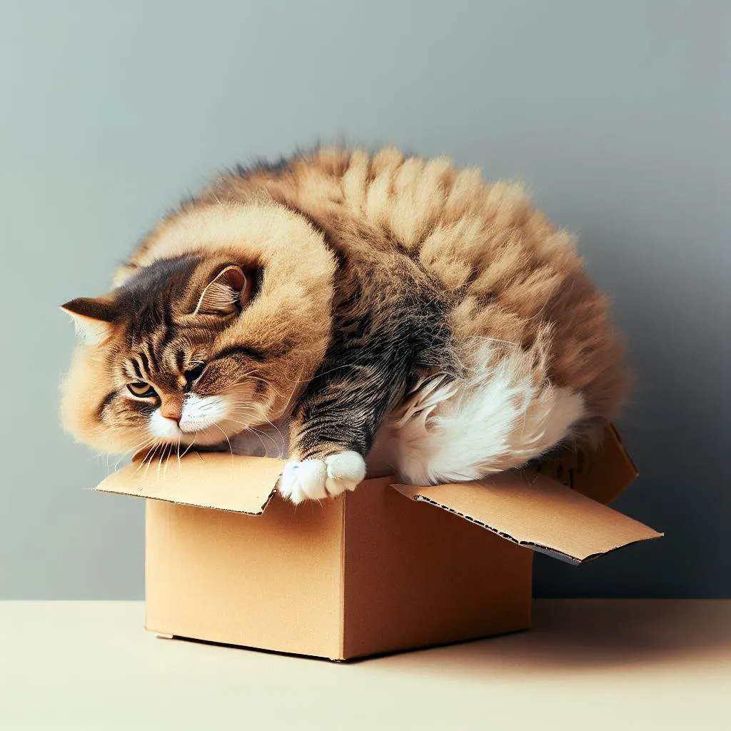 A chubby cat attempting to squeeze into a tiny cardboard box, with its fluffy body bulging out comically from all sides.