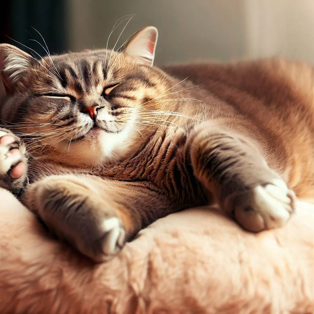 A contented, overweight cat snoozing on a plush pillow, its paws stretched out and a satisfied smile on its face.