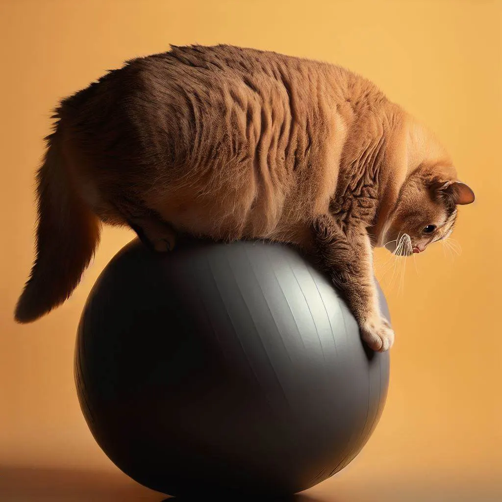 A plump cat precariously teetering on a wobbly exercise ball, desperately trying to maintain its balance.