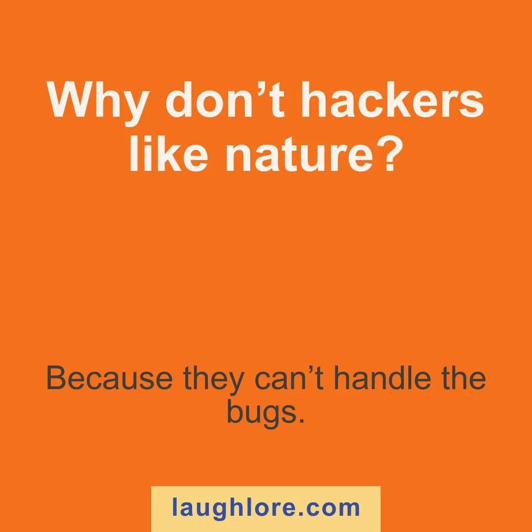 Text-based image displaying a hacker joke: Why don’t hackers like nature? Because they can’t handle the bugs.