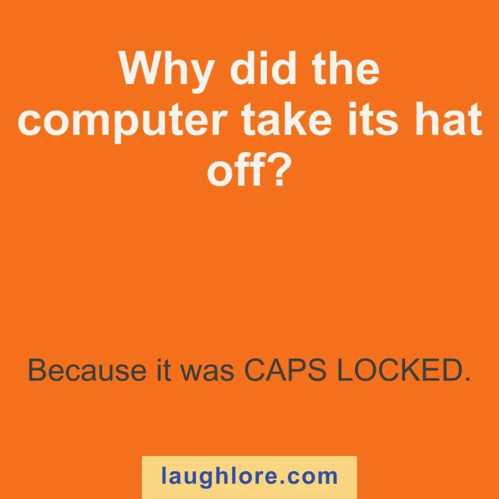 Text-based image displaying a hacker joke: Why did the computer take its hat off? Because it was CAPS LOCKED.