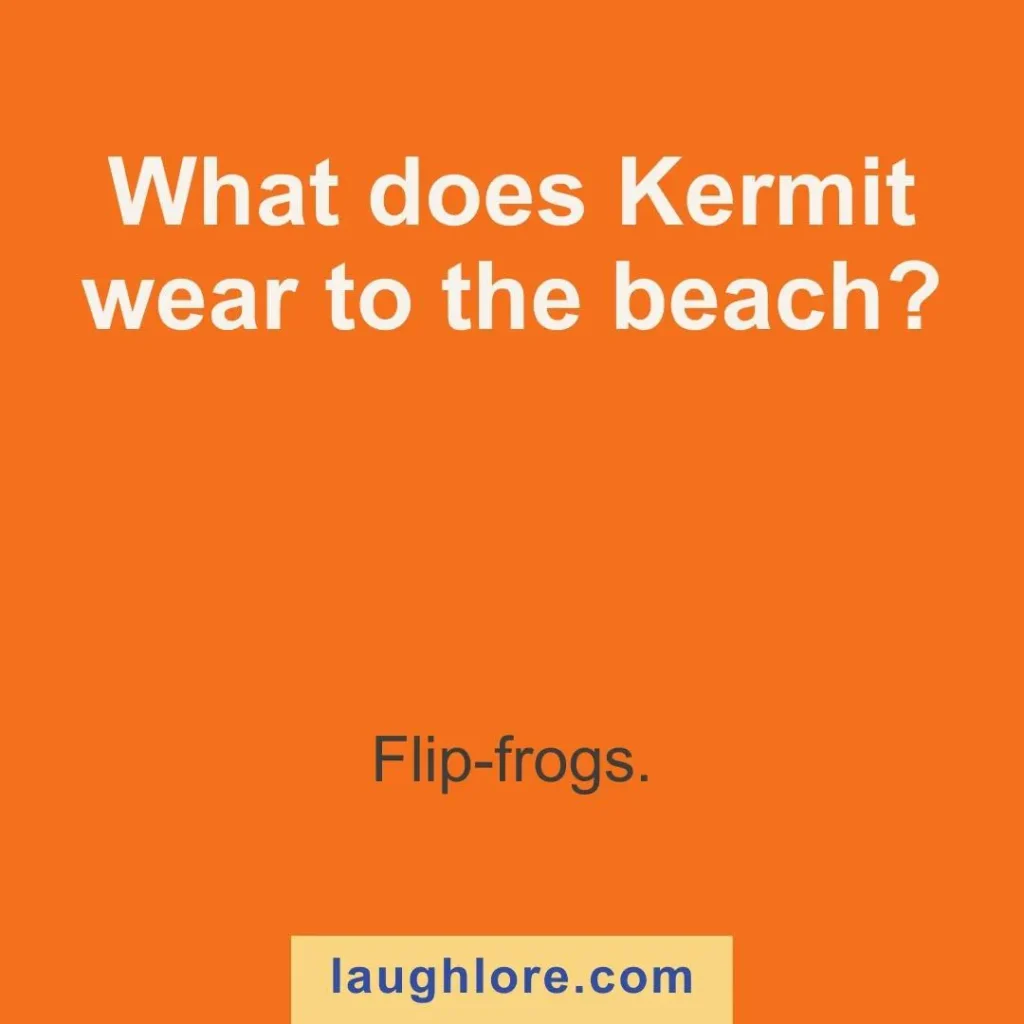 Text-based image displaying a kermit joke: What does Kermit wear to the beach? Flip-frogs.