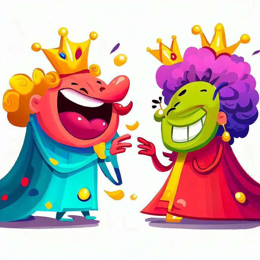 Colorful cartoon characters portraying a king and queen sharing a funny moment