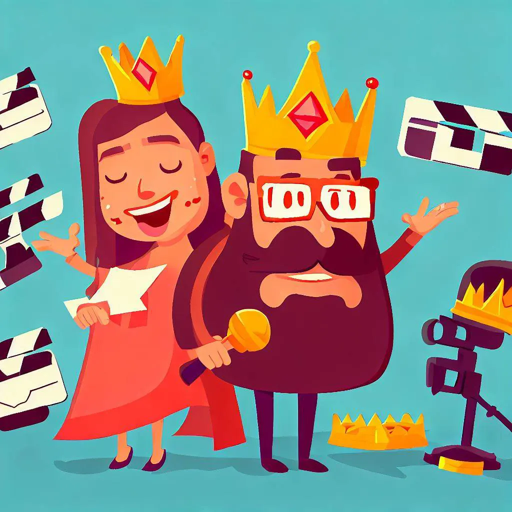 Animated king and queen wearing crowns, surrounded by comedy props