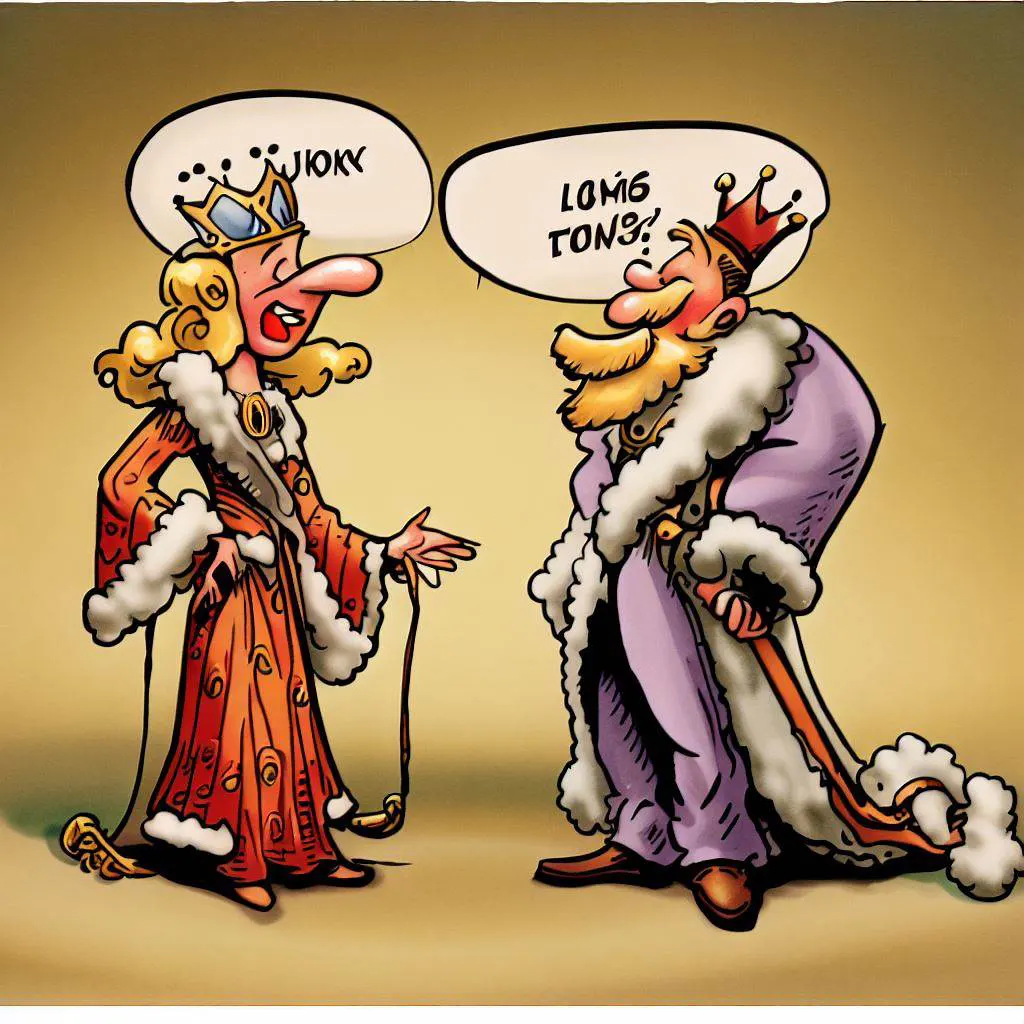 Humorous cartoon depiction of a king and queen exchanging witty jokes