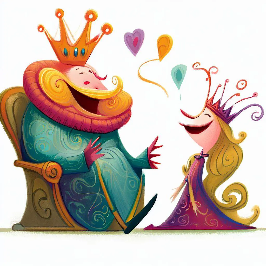 Whimsical illustration of a king and queen enjoying a lighthearted conversation