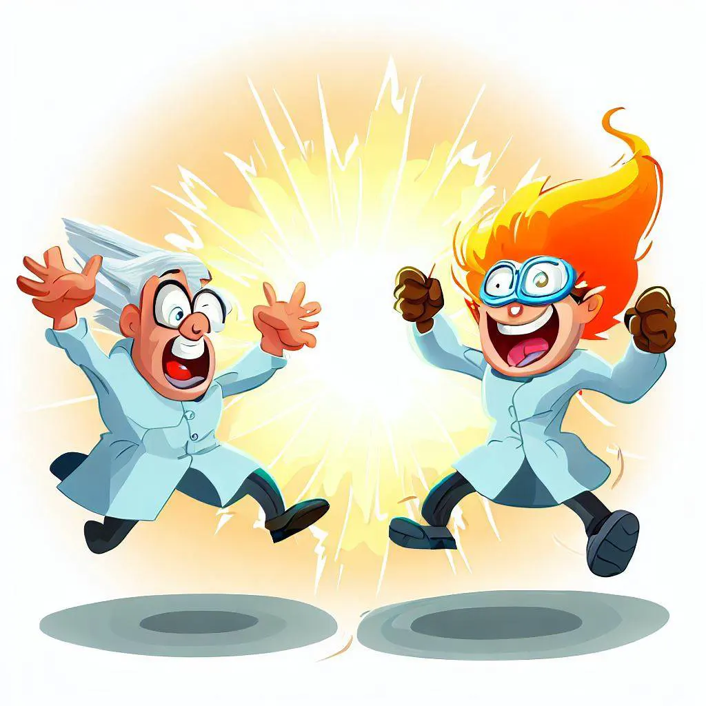 Energetic cartoon scientists celebrating a successful fusion experiment