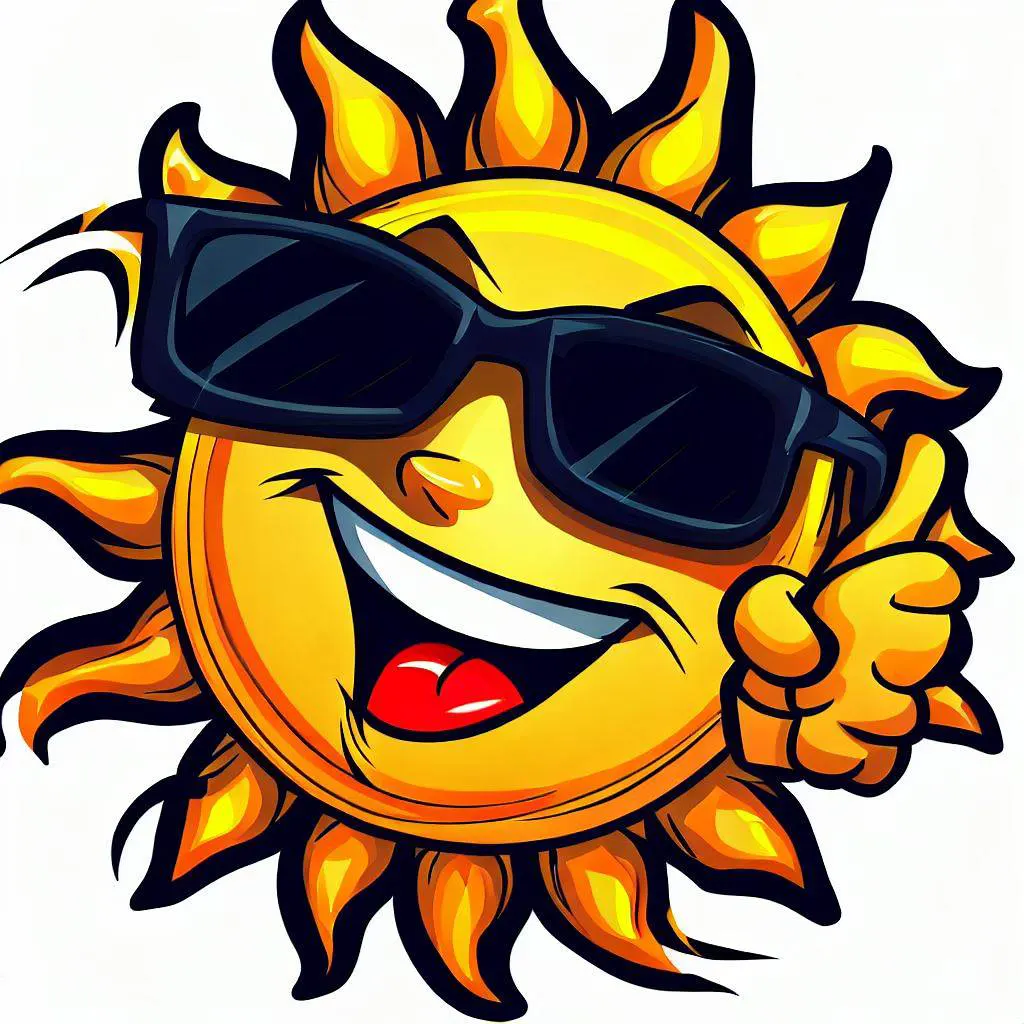Humorous cartoon depiction of a sun wearing sunglasses, winking, and giving a thumbs-up, representing the fusion of laughter and the sun's energy.