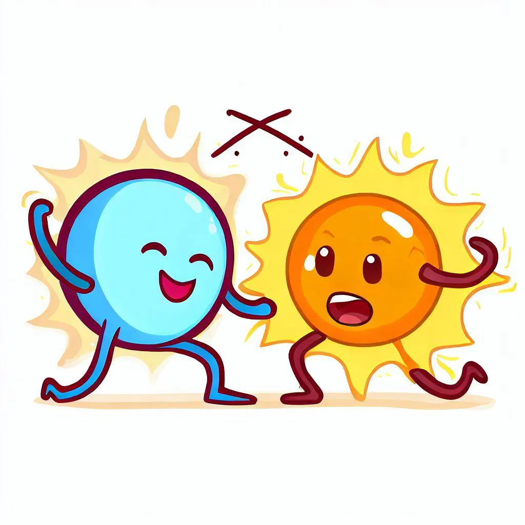 Cute cartoon characters, one representing a proton and the other an electron, engaged in a comical fusion dance, reflecting the lightheartedness of nuclear fusion humor.