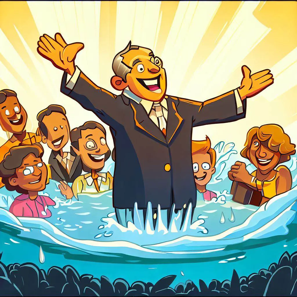 Cartoon graphic of a pastor performing a baptism in a river, with joyful believers surrounding them.