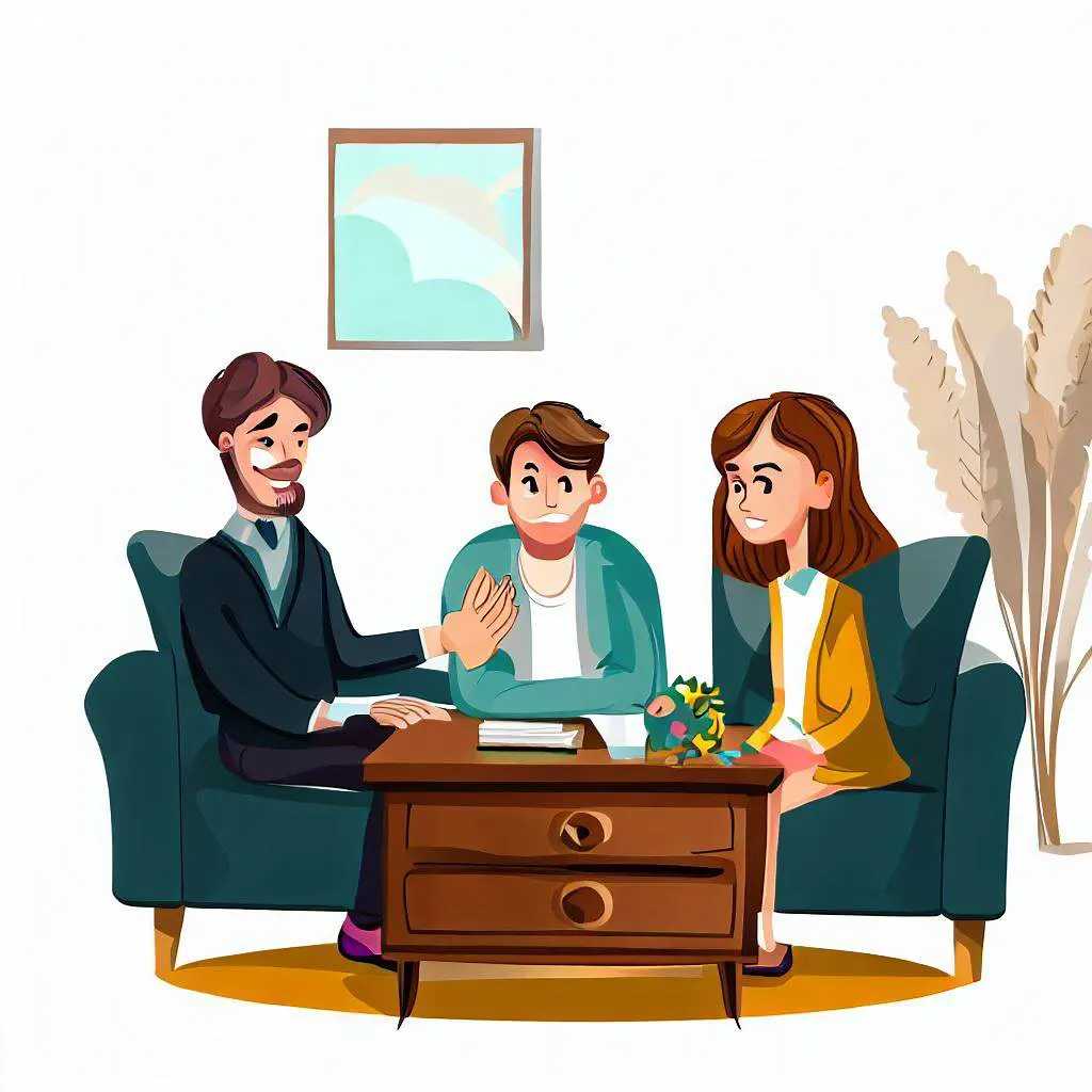 Cartoon graphic of a pastor counseling a couple, sitting in a cozy office, with a box of tissues on the table.