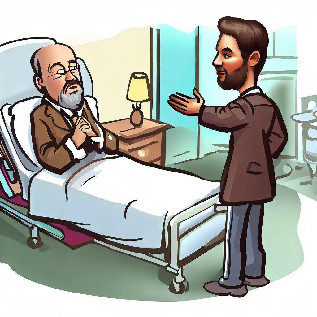 Cartoon graphic of a pastor visiting a hospital room, offering comfort and prayer to a patient.