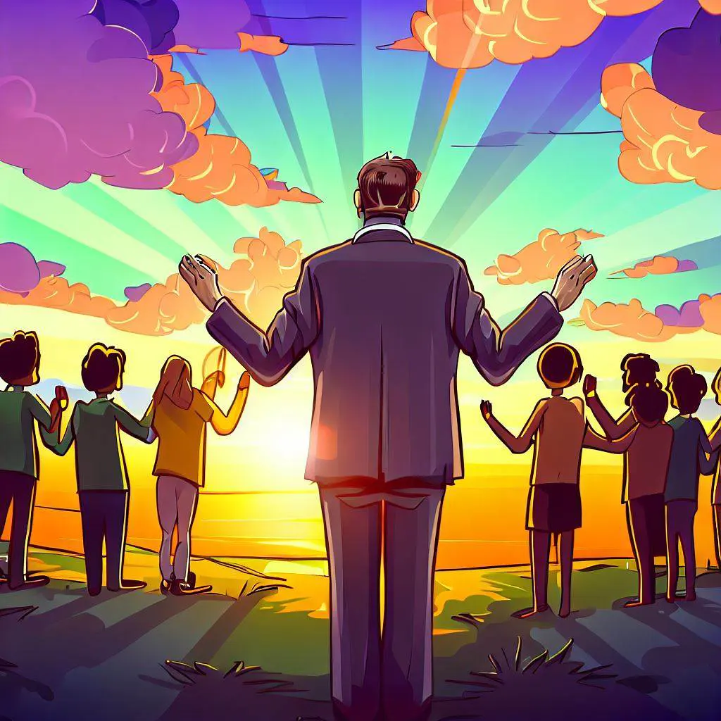 Cartoon graphic of a pastor leading a prayer service outdoors, under a beautiful sunset, with people holding hands and bowing their heads.