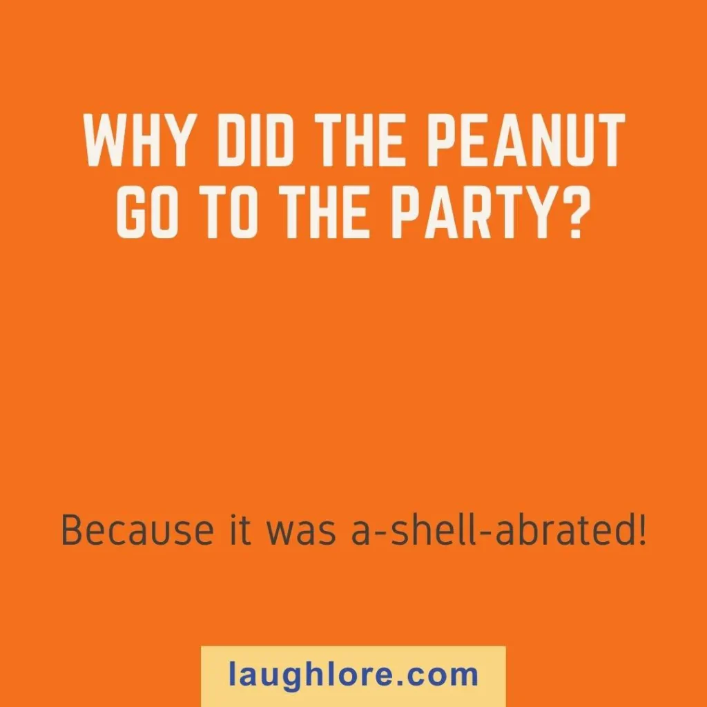Text-based image displaying a peanut joke: Why did the peanut go to the party? Because it was a-shell-abrated!