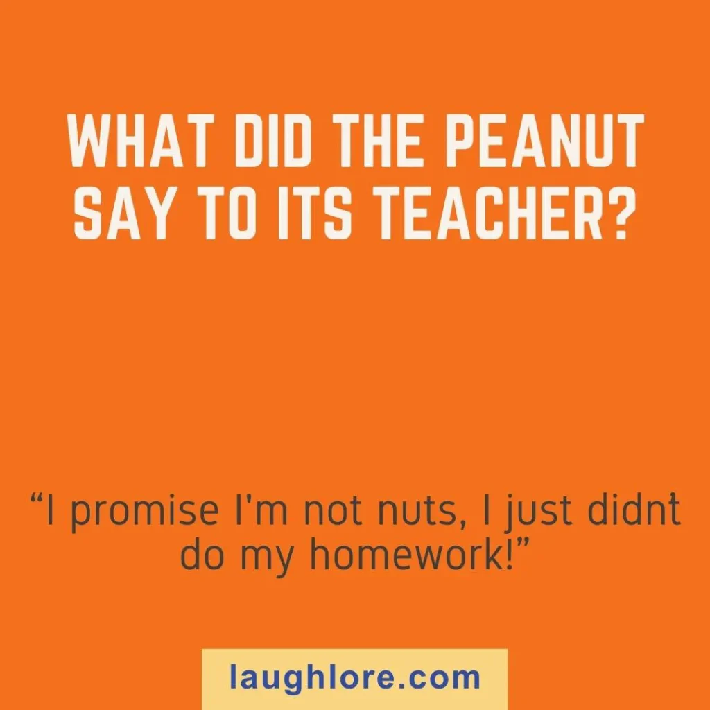 Text-based image displaying a peanut joke: What did the peanut say to its teacher? “I promise I’m not nuts, I just didn’t do my homework!”