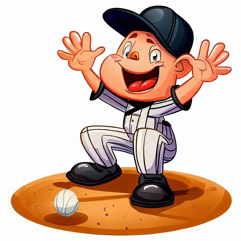 Illustration of a cheerful cartoon umpire making a 'safe' call at home plate