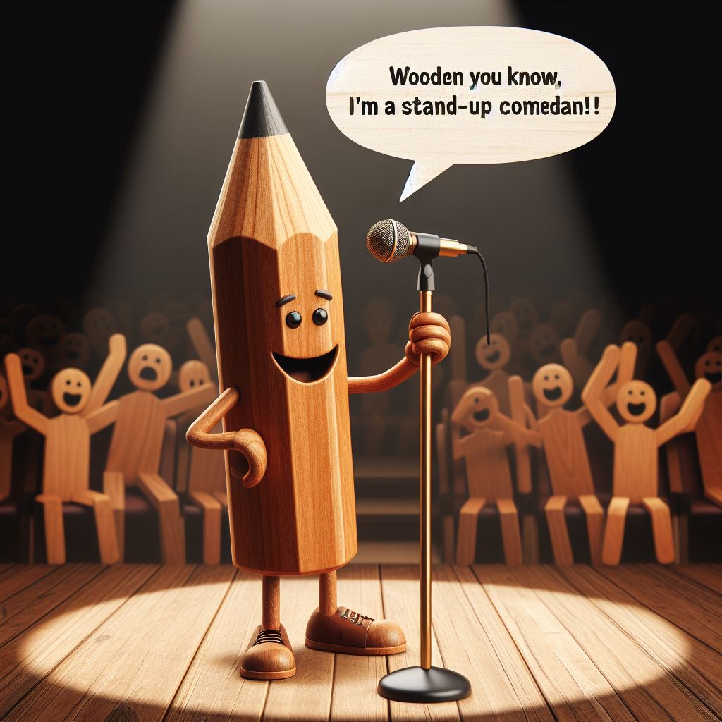 A wooden pencil with arms and legs, standing in a spotlight on a stage, holding a microphone. The background is a comedy club with a wooden audience laughing. The caption reads, "Wooden you know, I'm a stand-up comedian!"