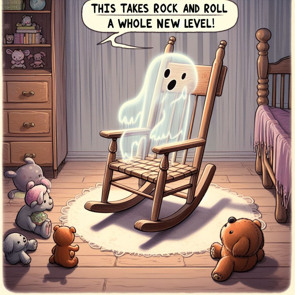 A whimsical image of a wooden rocking chair in a nursery, rocking by itself with a ghostly aura. Cute stuffed animals are watching in awe. The caption jokes, "This takes rock and roll to a whole new level!"