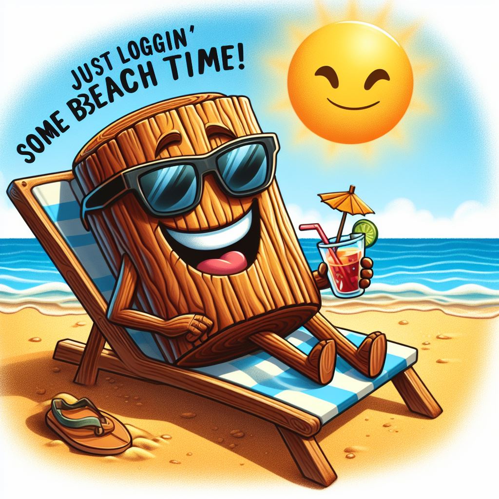 A cartoonish wooden log wearing sunglasses and a wide smile, lounging on a beach chair under a bright sun. The log has a small cocktail with a tiny umbrella next to it. The beach scene is vibrant with blue waves and golden sand. The caption reads, "Just loggin' some beach time!"