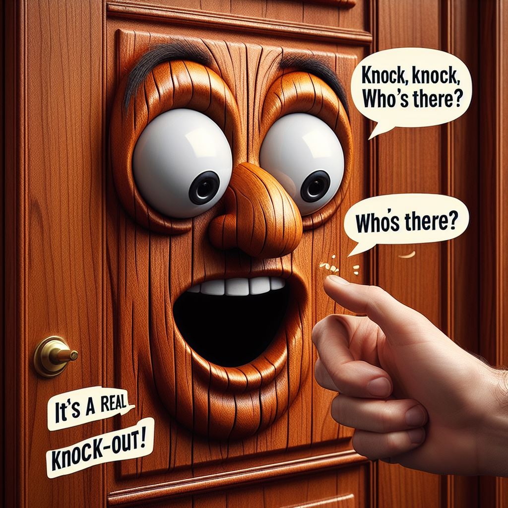 A wooden door with a face, looking shocked as it's being knocked on by a human hand. The door has a doorknob for a nose. The caption humorously states, "Knock, knock! Who's there? It's a real knock-out!"
