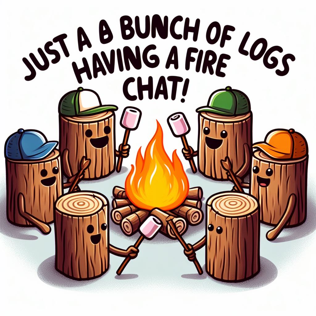 A group of wooden logs sitting around a campfire, roasting marshmallows on sticks. The logs have cartoonish, happy faces and are wearing camping hats. The caption reads, "Just a bunch of logs having a fire chat!"