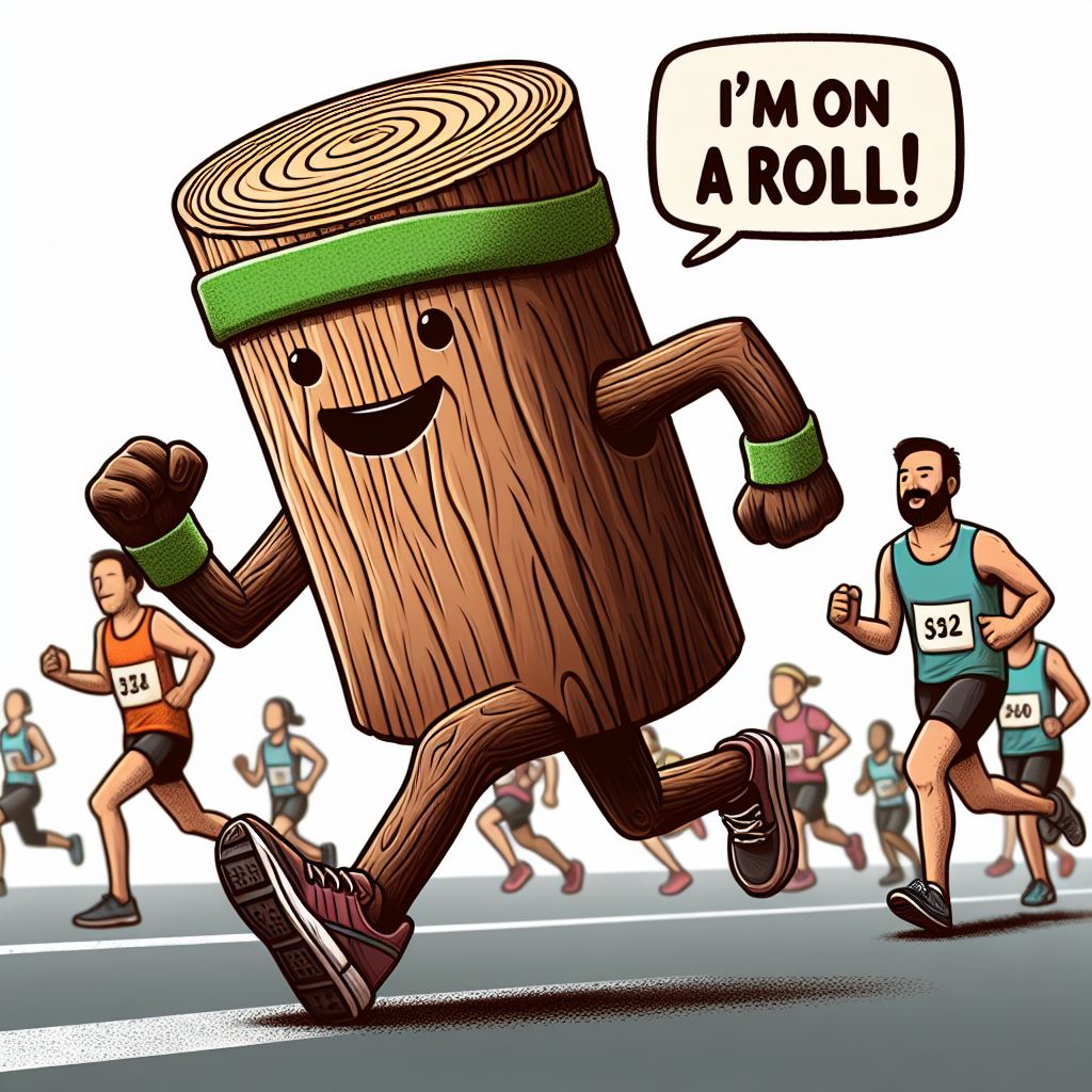 An image of a wooden log participating in a marathon, with sweatbands and running shoes, racing against human runners. The log has a determined expression. The caption says, "I'm on a roll!"