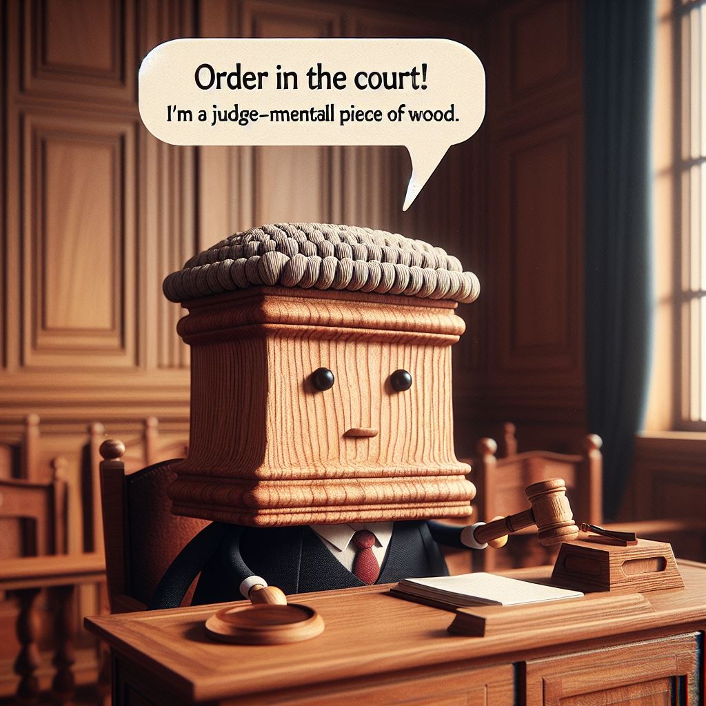A quaint, old-fashioned courtroom scene with furniture made entirely of wood. A stern-looking wooden gavel wearing a judge's wig is presiding over a trial, with a comical expression of seriousness. The caption reads, "Order in the court! I'm a judge-mental piece of wood."
