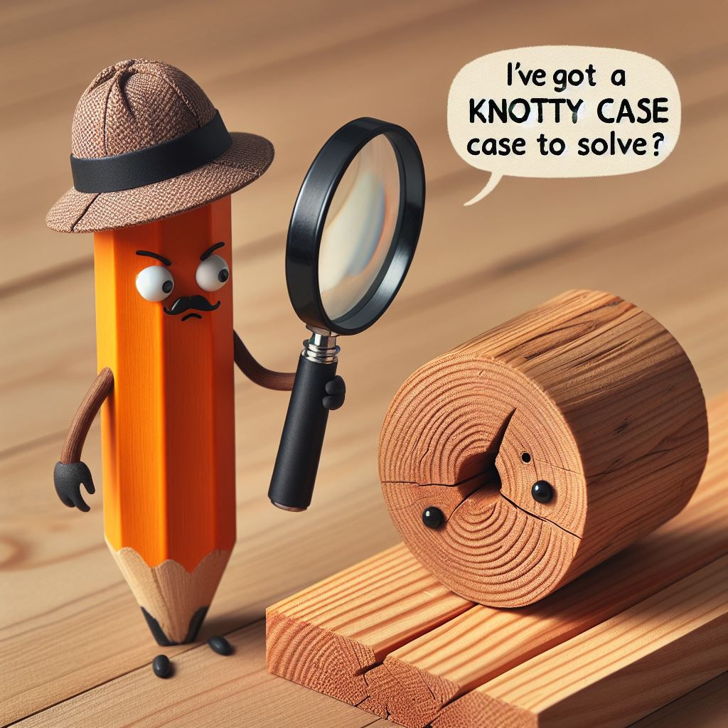 A detective-themed image showing a magnifying glass focusing on a wooden knot on a plank. The wooden knot looks surprised. The detective is a pencil with a detective hat and a pipe. The caption reads, "I've got a knotty case to solve!"