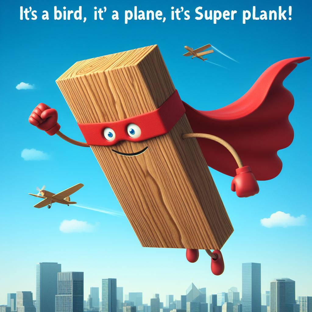 A wooden plank dressed as a superhero, flying through a clear blue sky with a red cape fluttering behind. The plank has a confident smile and its arms are stretched out in front. Skyscrapers are visible below. The caption says, "It's a bird, it's a plane, it's Super Plank!"