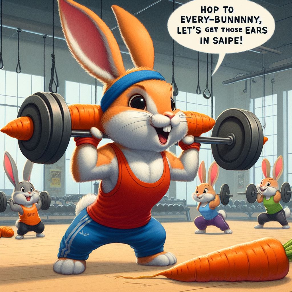 An athletic rabbit in a gym setting, wearing a headband and workout gear, enthusiastically demonstrating a "carrot-lift" exercise with a barbell made of carrots. Other rabbits in the background are following along. The caption reads: "Hop to it, every-bunny, let's get those ears in shape!"