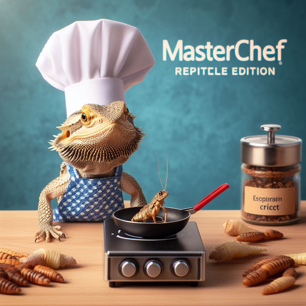 A bearded dragon wearing a tiny chef hat and apron, standing in a kitchen setup suitable for its size, with a mini frying pan on a tiny stove. In the pan is a small cricket. The caption says, 'MasterChef: Reptile Edition.'