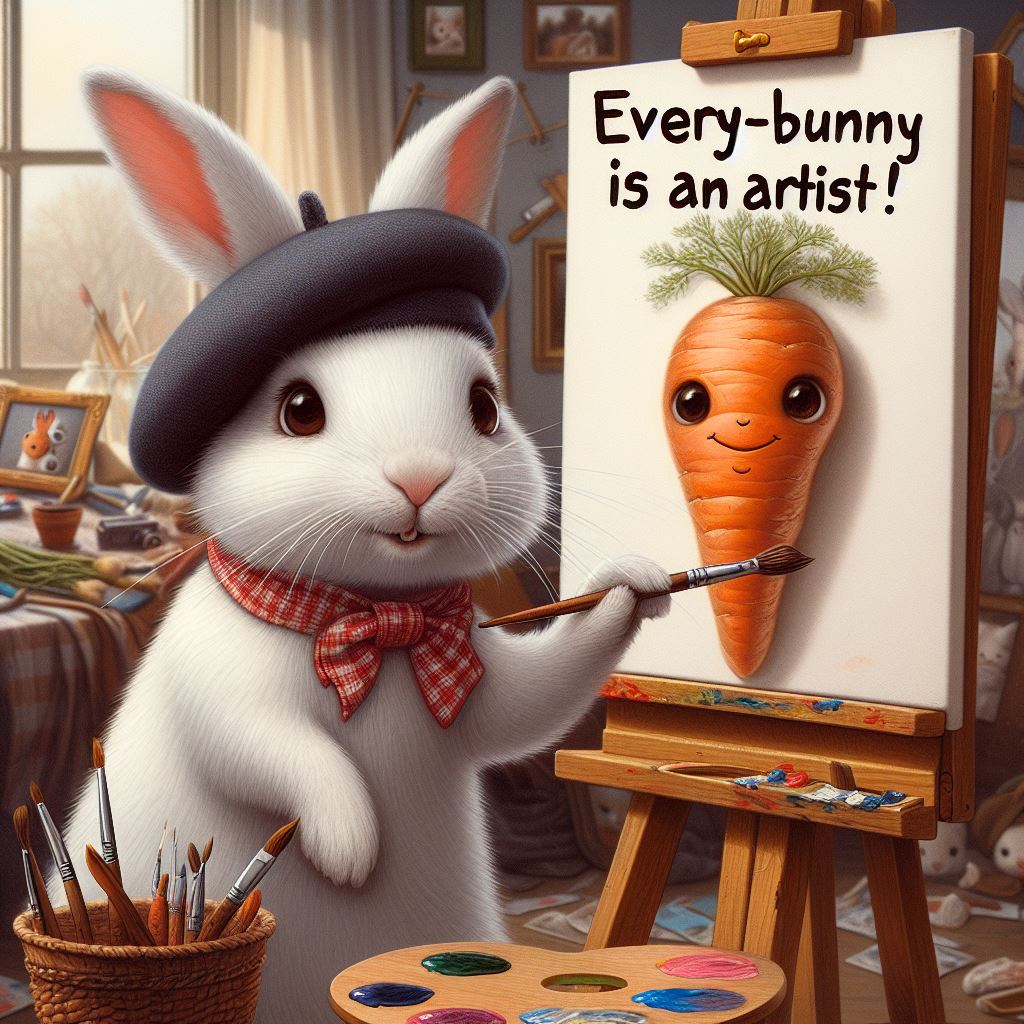 A rabbit with a beret and a paintbrush, in front of an easel, painting a portrait of a carrot. The background is a messy artist's studio. The caption: "Every-bunny is an artist!"