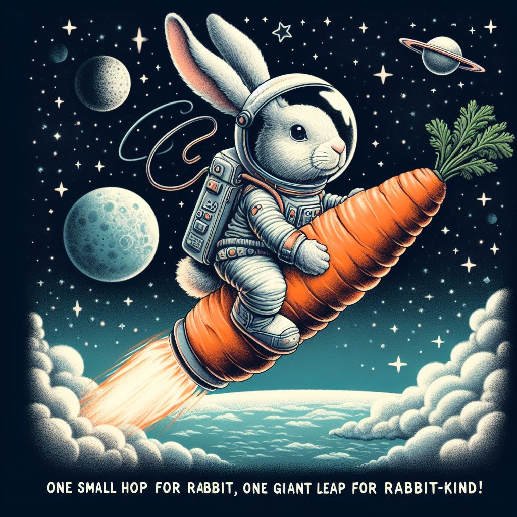 A rabbit in a space suit, floating in space with a backdrop of stars and a distant planet. The rabbit is holding a carrot shaped like a rocket. The caption should be: "One small hop for rabbit, one giant leap for rabbit-kind!"