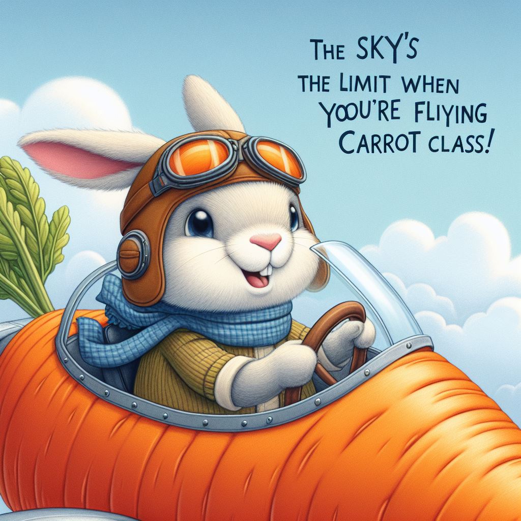 A rabbit wearing aviator goggles and a scarf, sitting in the cockpit of a carrot-shaped airplane, ready for take-off. The background shows a clear blue sky with fluffy clouds. The caption: "The sky's the limit when you're flying carrot class!"