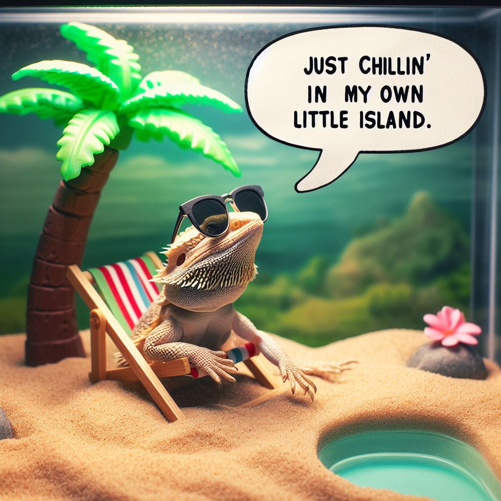 A bearded dragon wearing sunglasses, lounging on a tiny beach chair under a miniature palm tree, with a caption bubble that says 'Just chillin’ on my own little island.' The background is a terrarium setup made to look like a tropical beach, complete with sand and a small water dish that looks like a swimming pool.