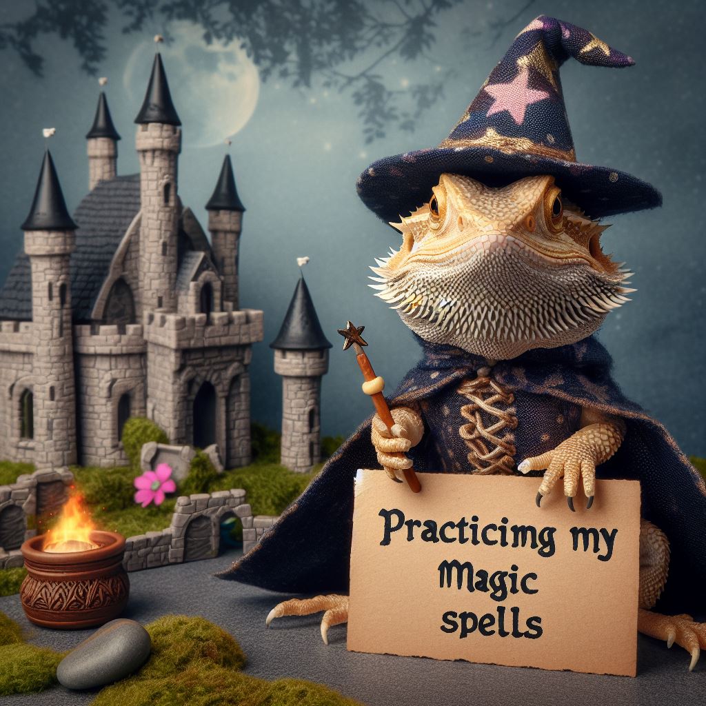 "A bearded dragon dressed as a wizard, complete with a tiny hat and cloak, standing in front of a miniature castle. In its hand is a small wand, and the caption reads, 'Practicing my magic spells.' The background should evoke a mystical, fantasy setting."