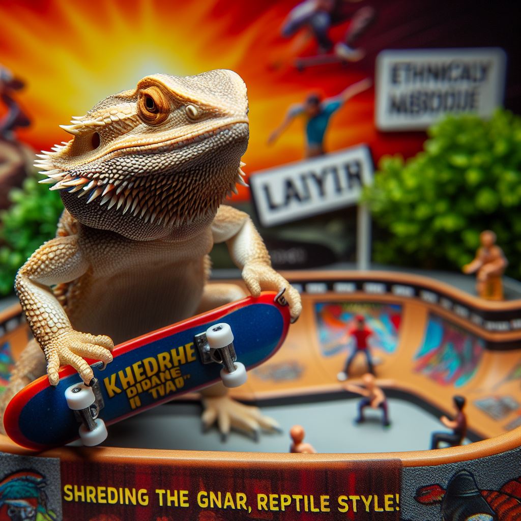 "A bearded dragon on a skateboard, doing a trick in a miniature skate park. The caption says, 'Shredding the gnar, reptile style.' The background should be vibrant and full of action, capturing the excitement of skateboarding."