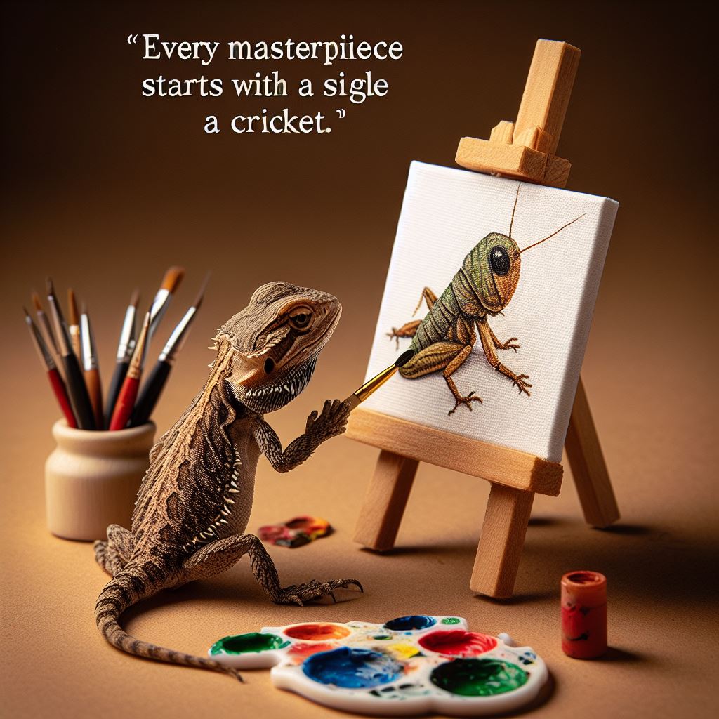 "A bearded dragon sitting in front of a tiny easel, painting a portrait of a cricket on a canvas. The scene is set up like an artist’s studio, with small paintbrushes and paint pots. The caption reads, 'Every masterpiece starts with a single cricket.'"