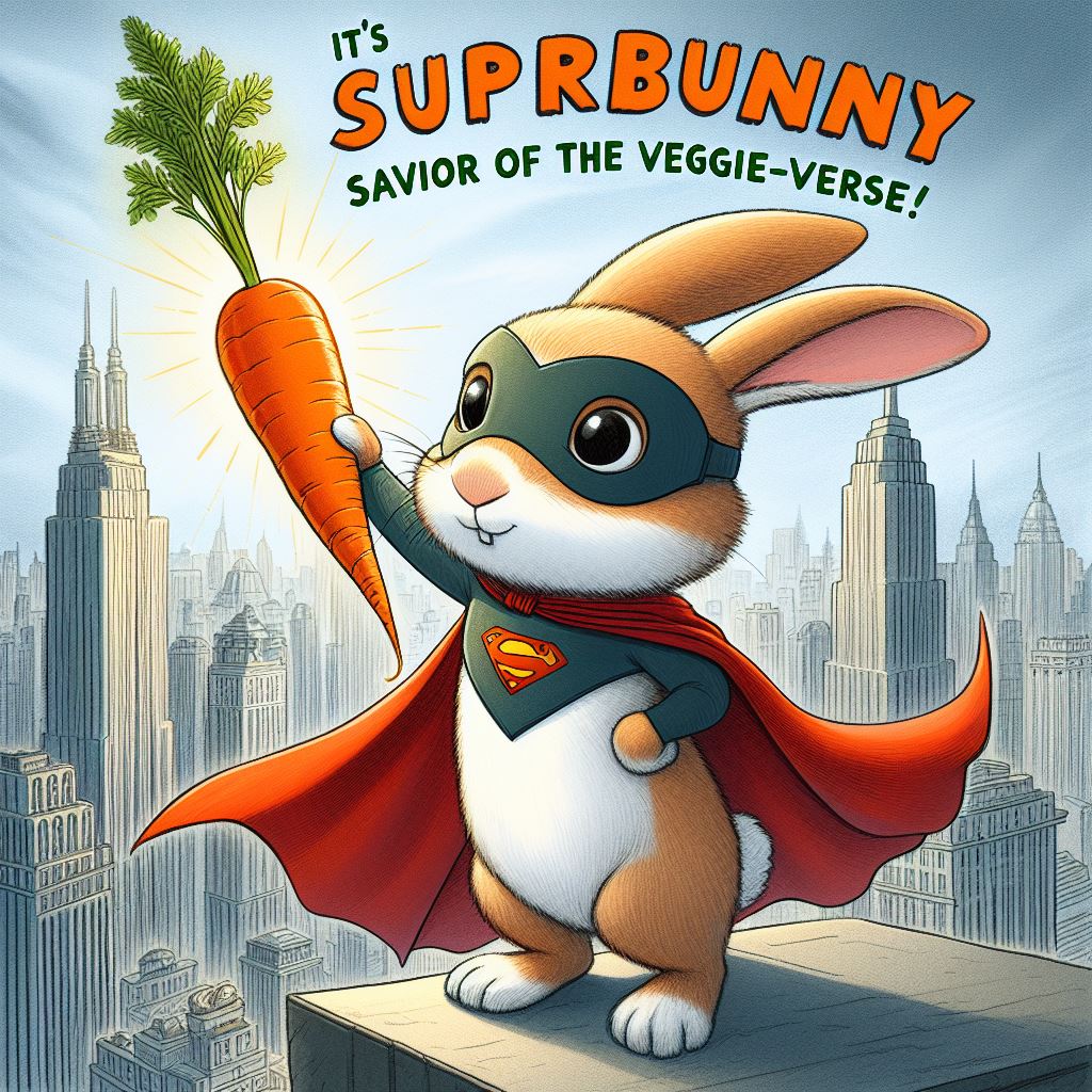 A rabbit dressed as a superhero, complete with a cape and a mask, striking a heroic pose on top of a city skyscraper. The rabbit is holding a carrot like a torch. The caption: "It's Superbunny, savior of the veggie-verse!"