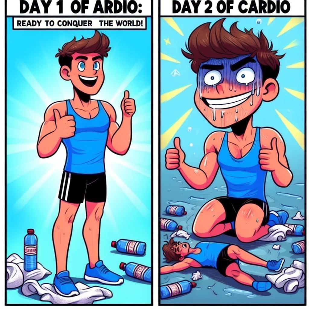 A meme showing a bright-eyed person in brand new workout gear. The person has a smile and a thumbs up. The caption reads: 'Day 1 of cardio: Ready to conquer the world!' The caption is in a comic font and has a blue background. The image has a cartoon style and bright colors. Followed by a picture of the same person collapsed on the floor, surrounded by empty water bottles and towels. The person has a grimace and a thumbs down. The caption reads: 'Day 2 of cardio: Conquered by my own living room.' The caption is in a comic font and has a purple background. The image has a cartoon style and bright colors.