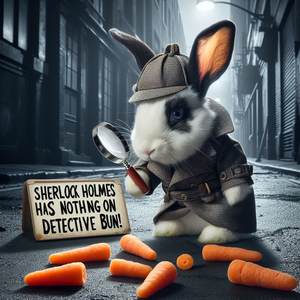 A rabbit in a detective outfit (trench coat and magnifying glass) looking at a trail of carrot crumbs. The setting is a noir-style city alley. The caption: "Sherlock Holmes has nothing on Detective Bun!"