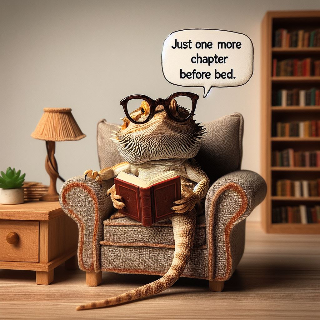 "A bearded dragon sitting in a small, cozy armchair with a tiny book in one hand and glasses perched on its nose. The room is set up like a miniature library. The caption bubble reads, 'Just one more chapter before bed.'"