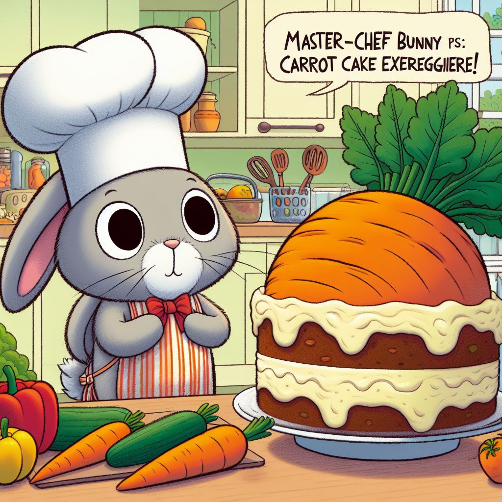 A rabbit wearing a chef's hat and apron, standing in a kitchen, looking proudly at a cake shaped like a giant carrot. Other vegetables are also on the countertop. The caption: "Master-chef Bunny presents: Carrot Cake Extraordinaire!"